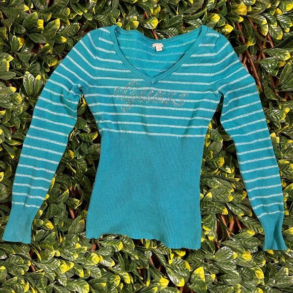y2k Guess Blue Striped V Neck Long Sleeve Sweater Size Small - Picture 1 of 5